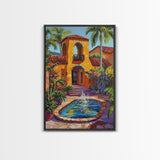 Spanish Fountain, Courtyard, Tropical, Framed Canvas Print, Vibrant Summer Wall Art, Hacienda Living Room Decor, Eclectic Boho Style
