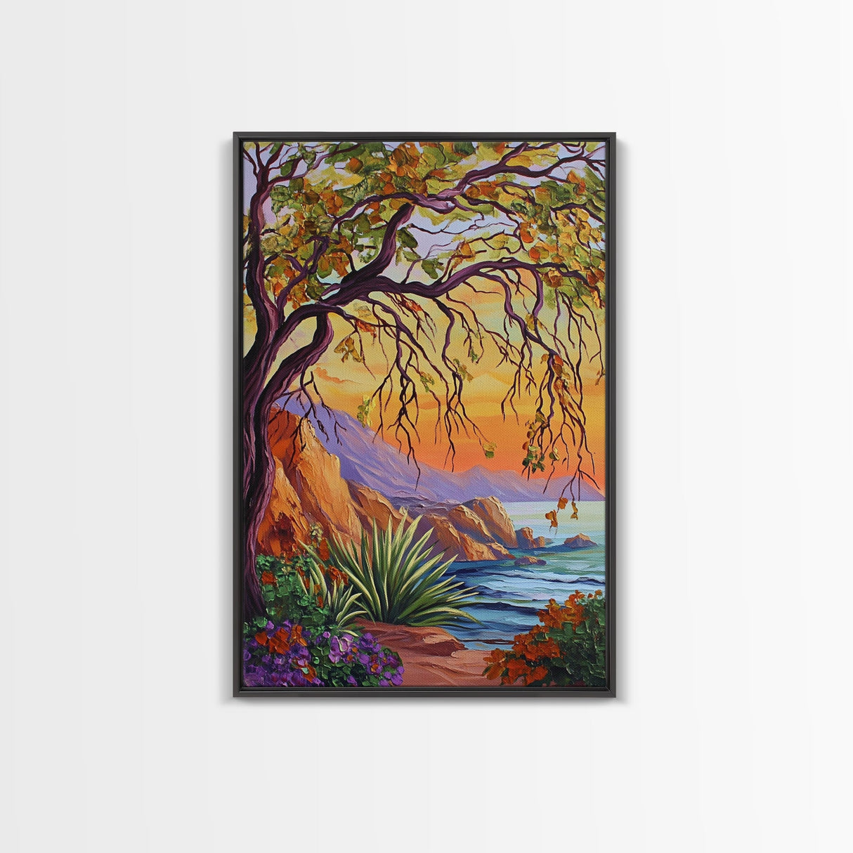 Coastal Tree View, Ocean Cliff Art, Sunset Seascape Painting, Nature Wall Decor, Framed Canvas Print, Hallway Wall Art, beach house art
