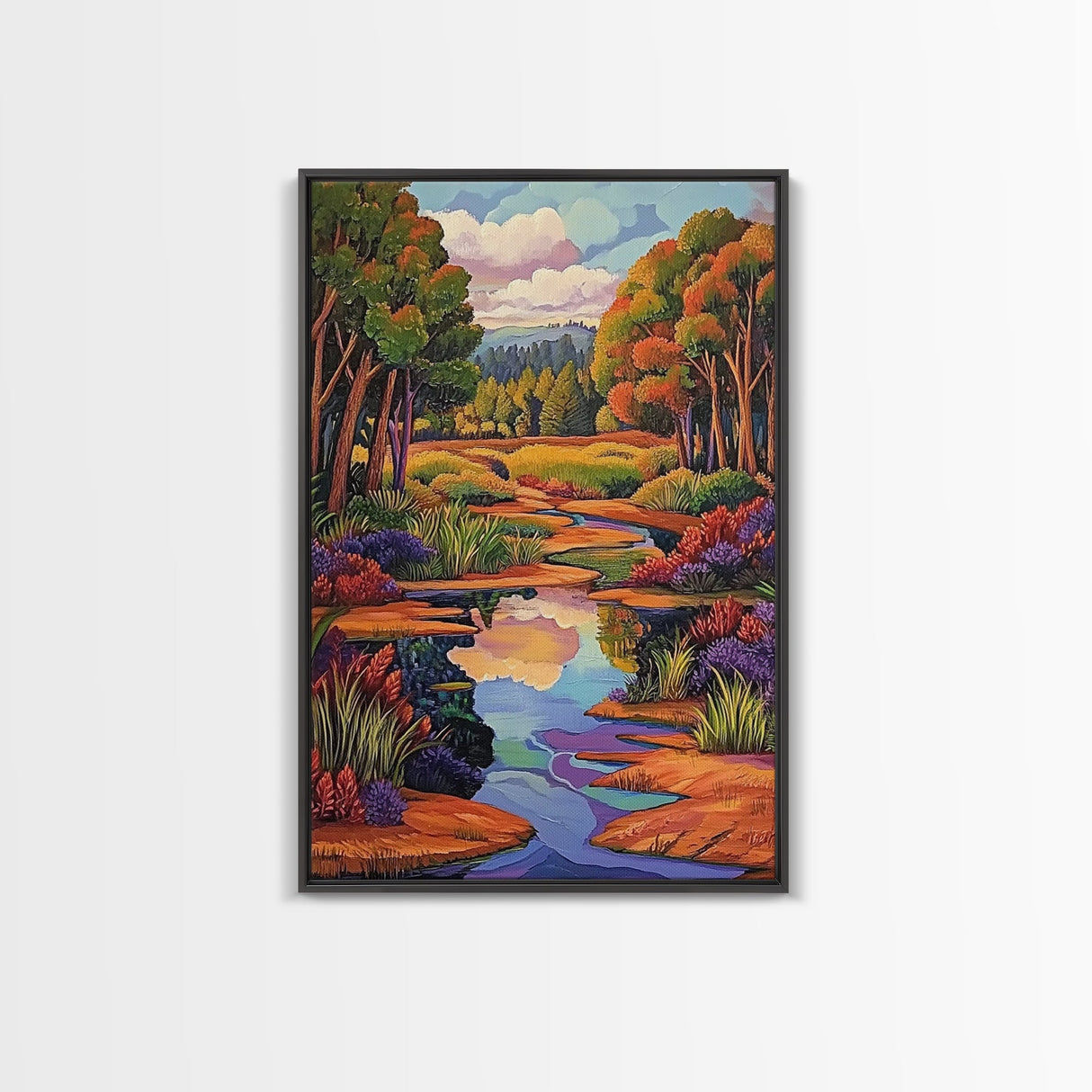 Autumn Trees, Reflection, Canvas Print, Fall forest scene, living room art, nature inspired decor, woodland painting, cozy autumn vibes