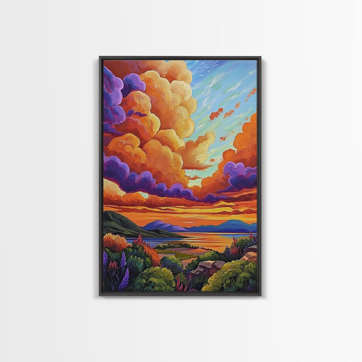 Sunset Sky, Coastal View, Vibrant Nature, Canvas Print, Landscape wall art, boho art, colorful sky painting, Living Room Wall Art