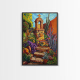 Garden Shrine, Stone Steps, Mission Style, Framed Canvas Print, colorful religious art, desert decor, boho rustic, Living Room Wall Art
