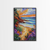 Coastal Sunset, Tropical Beach, Colorful Seascape, Ocean Art, Framed Canvas Print, Vibrant wall decor, Bathroom Wall Art, boho art