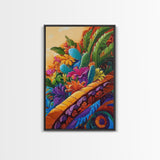 Fiesta Garden, Cactus Flowers, Bright Patio, Mexican Blooms, Framed Canvas Print, Kitchen Wall Art, boho floral decor, folk charm
