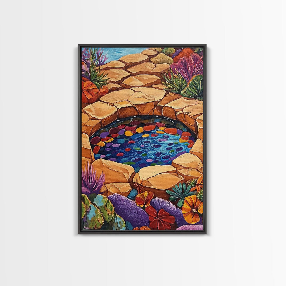 Stone Pool Oasis, Desert Garden Art, Colorful Rock Pond Scene, Framed Canvas Print, Bathroom Wall Decor, Bohemian Nature Art