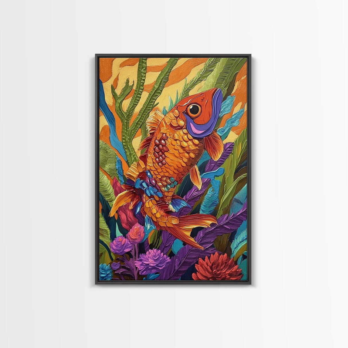 Bold Colorful Fish Art, Framed Canvas Print, Underwater wall decor, boho ocean art, tropical fish painting, bathroom wall art