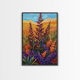 Wildflower Field, Autumn Leaves, Mountain Sunset, Earth Tones, Fall Botanical Art, Living Room Wall Art, Framed Canvas Print