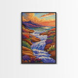 Waterfall Stream, Sunset Sky, Mountain Flow, Fall Colors, Nature Home Decor, Rustic Cabin Vibe, Canvas Print, Living Room Wall Art