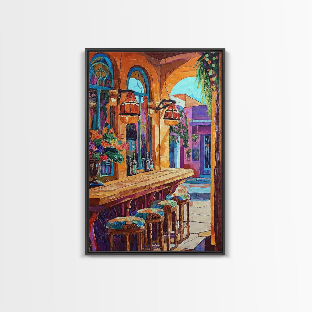 Wine Bar Scene, Cozy Bistro, Mediterranean Patio, Colorful Bar Decor, Kitchen Wall Art, Eclectic Style, Framed Canvas Print
