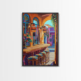 Wine Bar Scene, Cozy Bistro, Mediterranean Patio, Colorful Bar Decor, Kitchen Wall Art, Eclectic Style, Framed Canvas Print