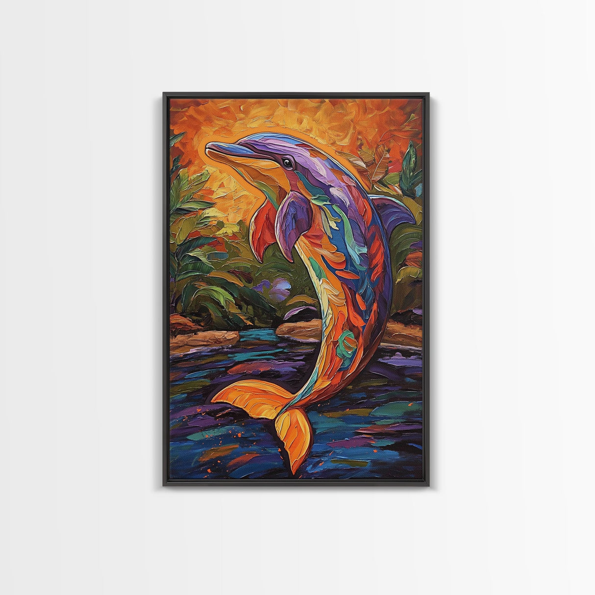 Dolphin Colorful Ocean Art, Framed Canvas Print, Tropical beach art, boho animal painting, coastal nursery wall art, vivid decor