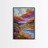 Dramatic Sky, Ocean Hills, Coastal Magic, Colorful Clouds, Framed Canvas Print, living room coastal decor, vibrant nature art, boho fall