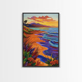 Vibrant Beach Sunset, Ocean Waves, Tropical Coastline, Coastal Landscape, Framed Canvas Print, Living Room Wall Art, Colorful Beach Art