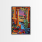 Desert Garden View, Vibrant Sunset Patio, Mexican Courtyard Scene, Framed Canvas Print, Colorful Patio Art, Kitchen Wall Art, Boho Decor