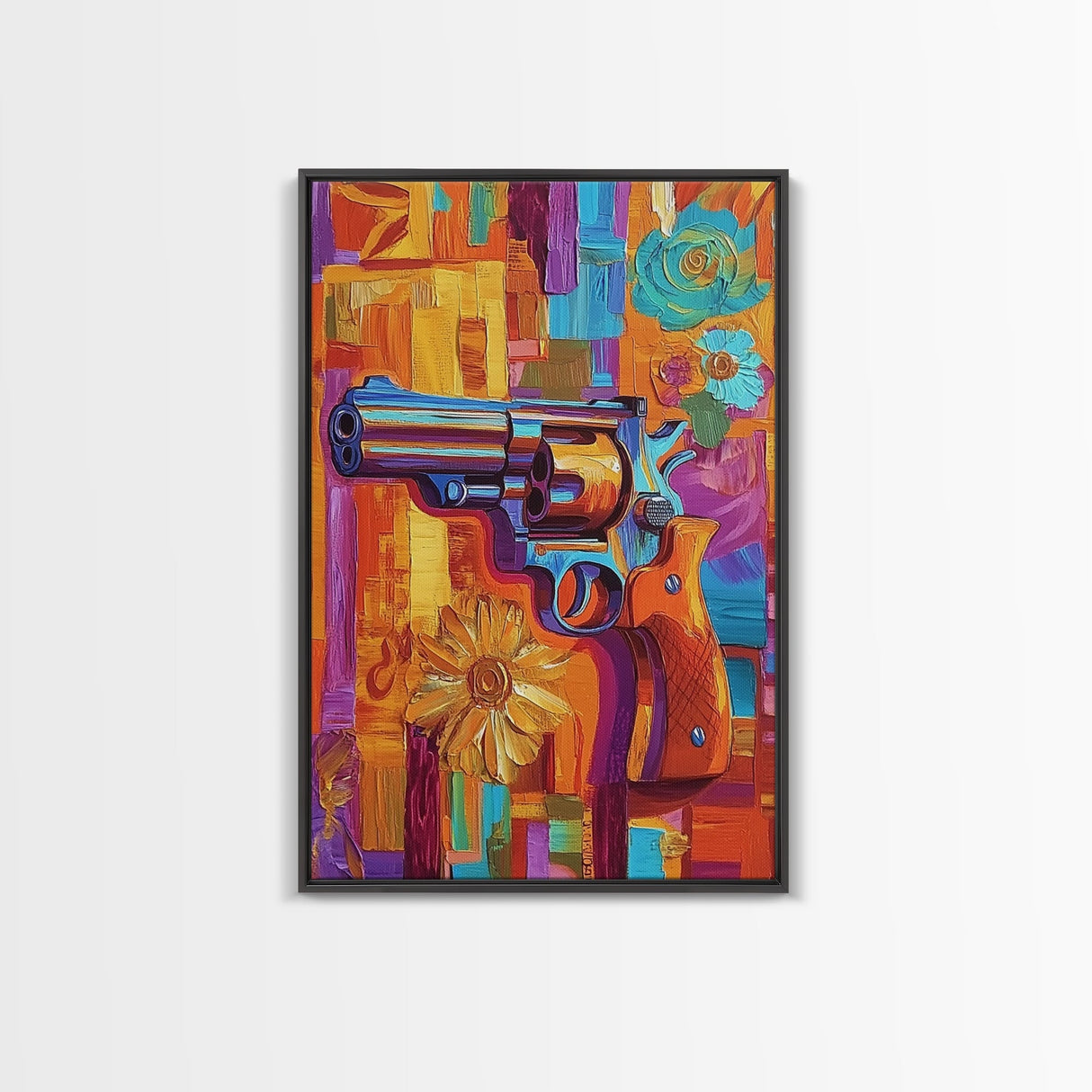 Pop Art Revolver, Bold Gun Art, Urban Wall Decor, Framed Canvas Print, Eclectic Studio Wall Art, Psychedelic Style, Colorful Abstract Art