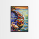 Sunset Rock Path, Ocean Wall Art, Serene Coastal Scene, Framed Canvas Print, Bohemian Living Room Decor, Water Landscape Painting