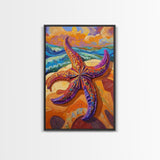 Starfish Closeup, Vibrant Shore, Ocean Texture, Coastal Beauty, Framed Canvas Print, Bathroom Wall Art, Beach House Decor, Seaside Boho Art