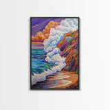 Ocean Wave, Sunset Sky, Rocky Coast, Vibrant Sea — Framed Canvas Print beach wall decor, colorful ocean art, coastal living room wall art