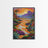 Desert Beach, Mountain Sunset, Ocean Stream, Palm Tree — Framed Canvas Print vibrant landscape wall art, boho living room, beach house decor