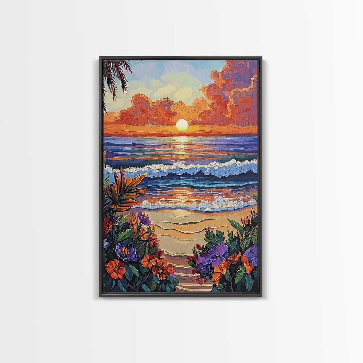 Tropical Beach, Sunset Waves, Lush Florals, Orange Glow — Framed Canvas Print vibrant coastal art, bathroom or bedroom beach decor, boho vibe