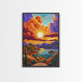 Golden Sky, Mountain Lake, Sunset Clouds, Vibrant Hills — Canvas Print whimsical nature scene, bold landscape wall decor, cozy Autumn vibe