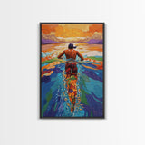 Man Swimming Sunset, Ocean Freedom Art, Tropical Wall Decor, Canvas Print, Bright Water Colors, Bold Bathroom Wall Art