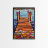 Painted Dock Scene, Vibrant Water Art, Lake House Decor, Canvas Print, Boho Coastal Wall Art, Summer Vibes, Nature Inspired