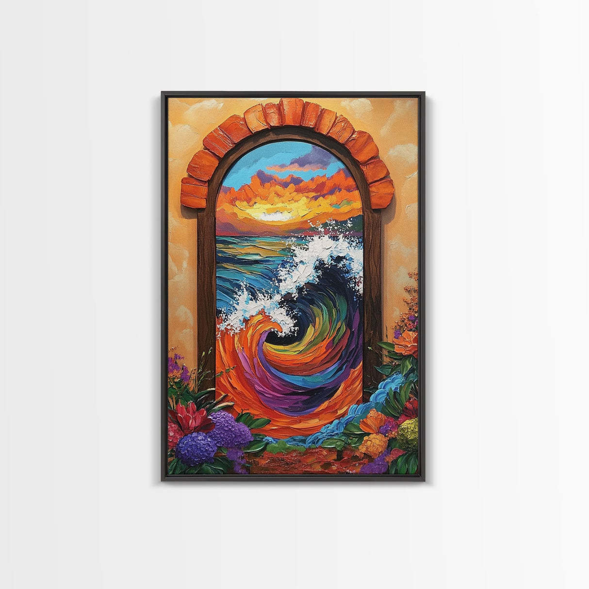 Ocean Wave Portal, Whimsical Sea Art, Sunset Coastal Decor, Framed Canvas Print, Living Room Accent, Vivid Nautical Painting