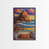 Sunset Beach, Cliffs, Waves, Framed Canvas Print vibrant coastal wall art, beach house decor, ocean cliffs, boho style, living room wall art