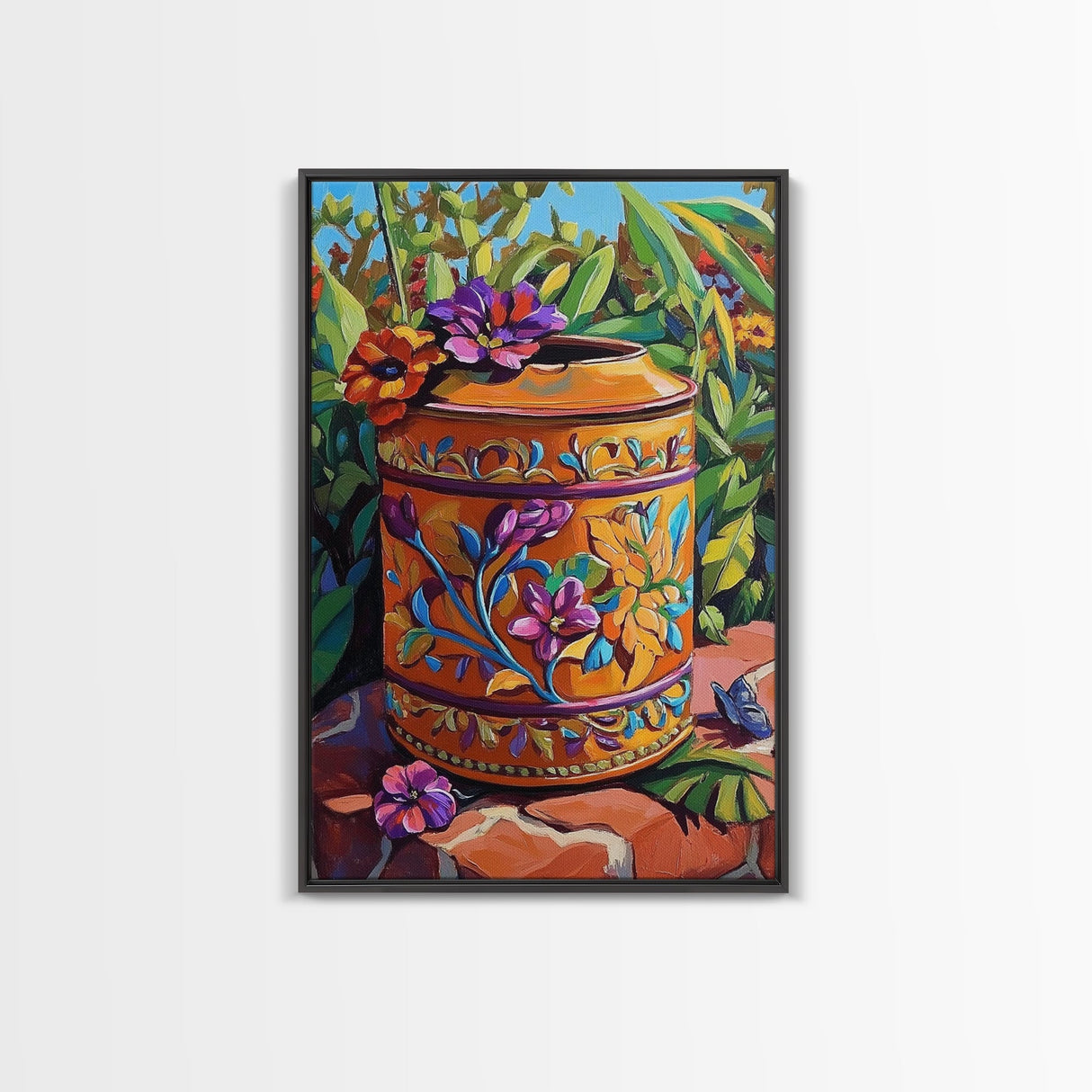 Floral Pot Still Life, Garden Patio Art, Colorful Ceramic Design, Framed Canvas Print, Kitchen Wall Art, Bohemian Home Style