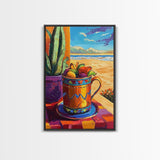 Fruit Mug Art, Coastal Kitchen Decor, Colorful Summer Vibes, Framed Canvas Print, Bright Wall Art, Boho Dining Room Accent