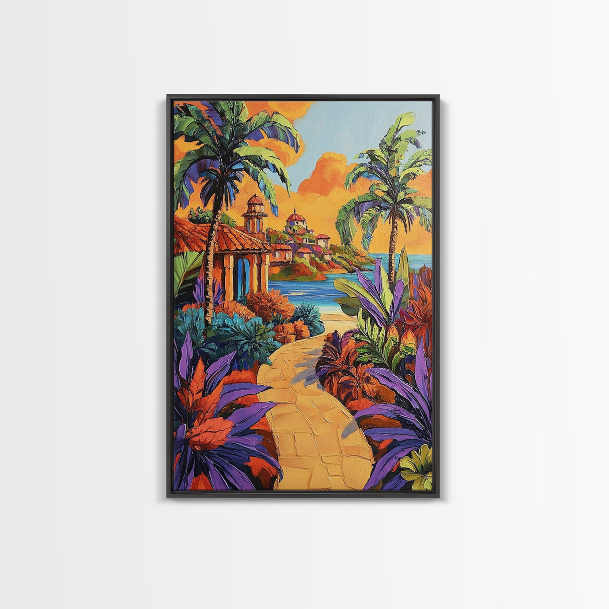 Coastal Village Path, Sunset Vibes, Tropical Getaway, Bright Colors, Framed Canvas Print, Coastal Wall Art, Living Room Decor, Boho Art