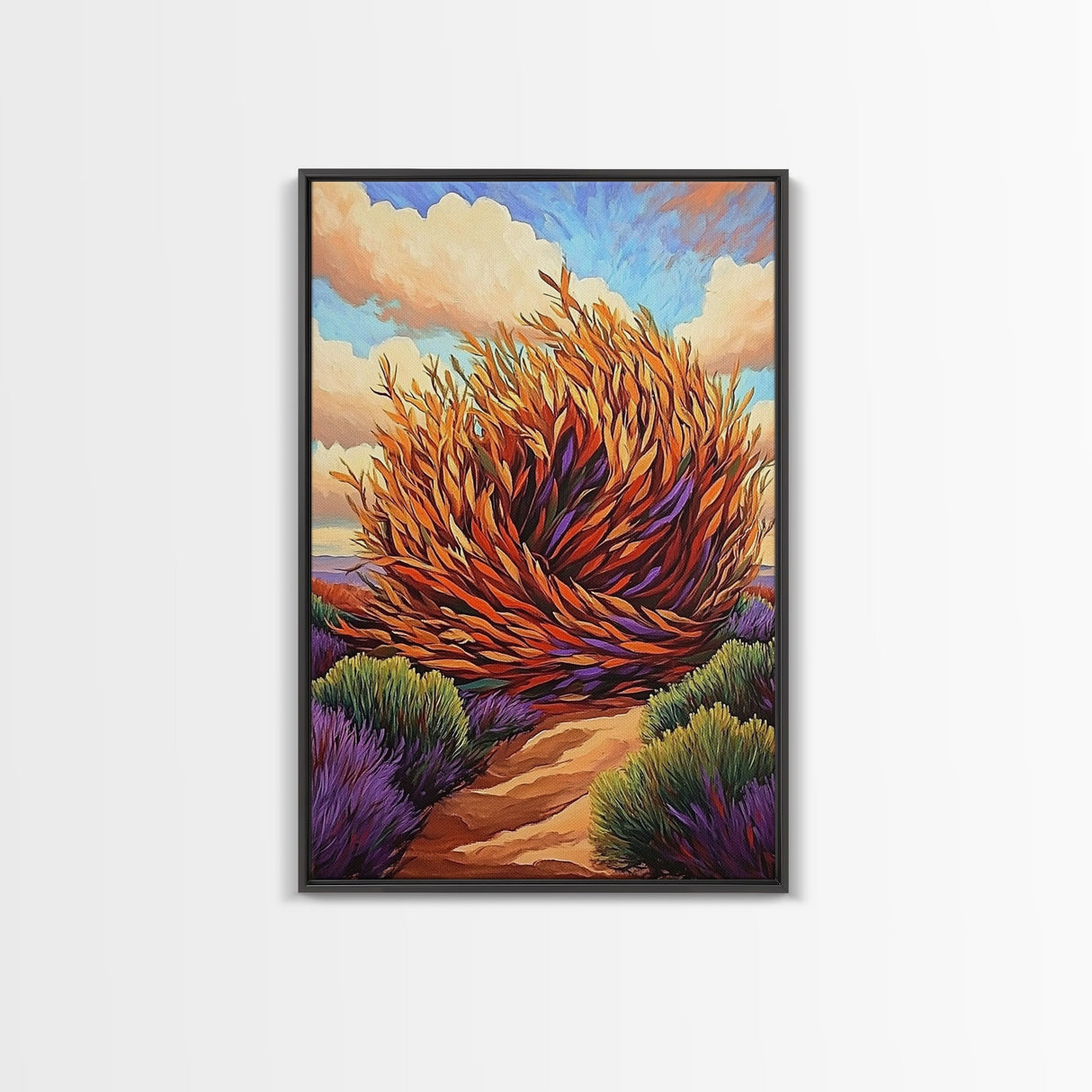 Desert Winds, Autumn Tumbleweed, Nature Path, Wild Colors, Framed Canvas Print, Entryway Wall Art, Fall Rustic Decor, Southwest Art