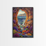 Ocean Cave Window, Underwater Scene, Marine Life, Coral Reef, Framed Canvas Print, Bathroom Wall Art, Coastal Decor, Nautical Art