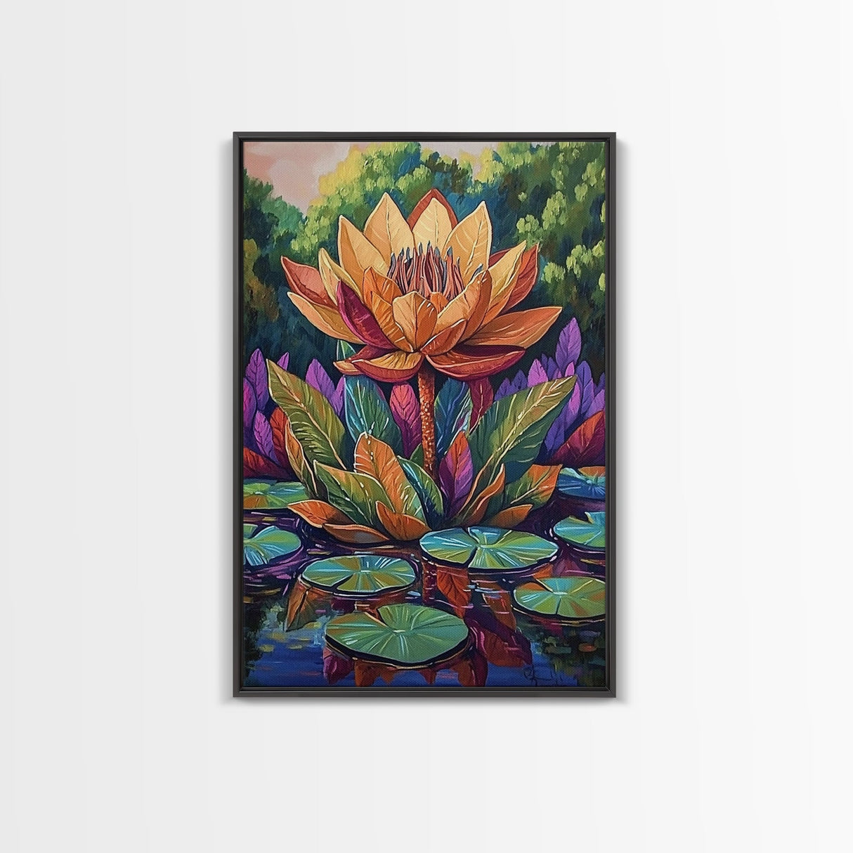 Large Lotus Flower, Tranquil Nature Art, Peaceful Botanical Scene, Framed Canvas Print, Boho Bathroom Wall Art, Zen Decor