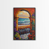 Stone Archway Ocean, Dreamy Seaside Scene, Romantic Sunset Art, Framed Canvas Print, Coastal Entryway Wall Art, Vacation Vibes