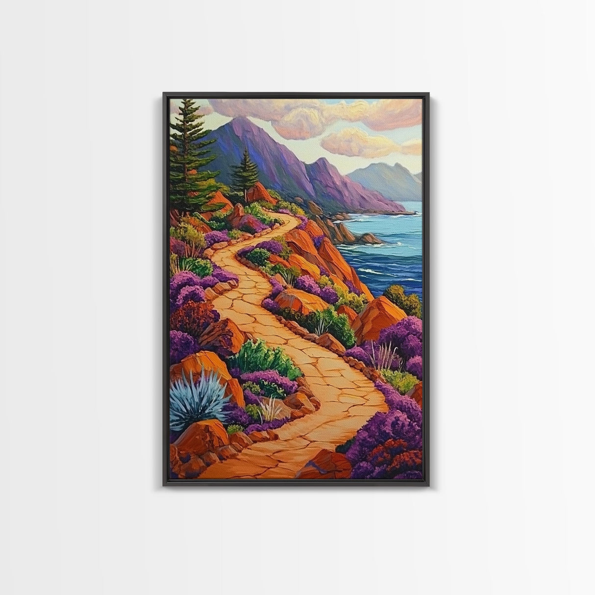 Winding Trail, Ocean Cliffs, Coastal Landscape, Mountain View, Framed Canvas Print, rustic wall art, cabin decor, colorful nature painting