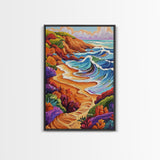 Colorful Beach, Tropical Waves, Vibrant Landscape, Coastal Flowers, Framed Canvas Print, boho art, sunroom wall decor, beach house painting