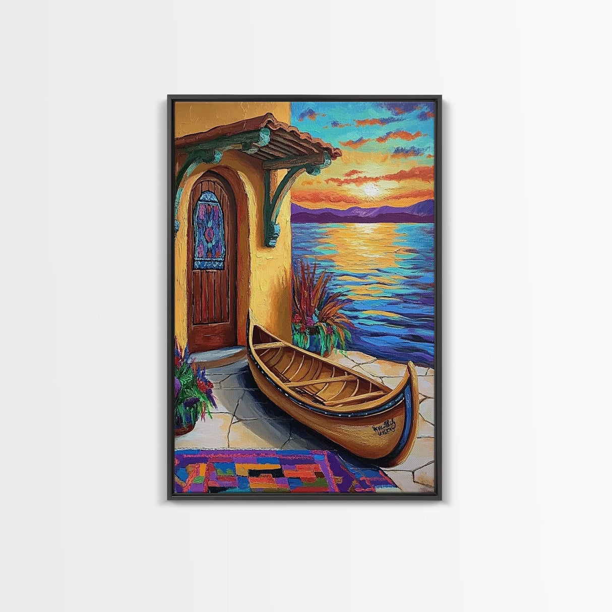 Lakeside Sunset, Canoe, Serenity, Framed Canvas Print, rustic lakefront, sunset art, cozy cabin vibe, boho lakehouse wall art, den art