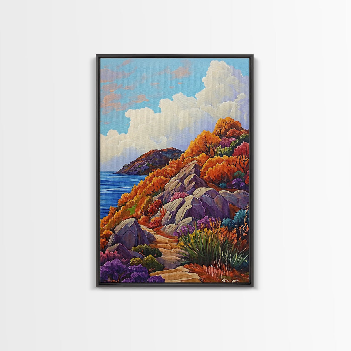Autumn Cliffside, Trail, Ocean, Framed Canvas Print, fall coastal landscape, boho mountain decor, bold colors, seasonal Living Room art