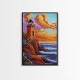 Lighthouse Sunset, Waves, Dramatic Coastal Sunset, Framed Canvas Print, Nautical Office Wall Art, Fall Coastal Decor, Bold Color Painting