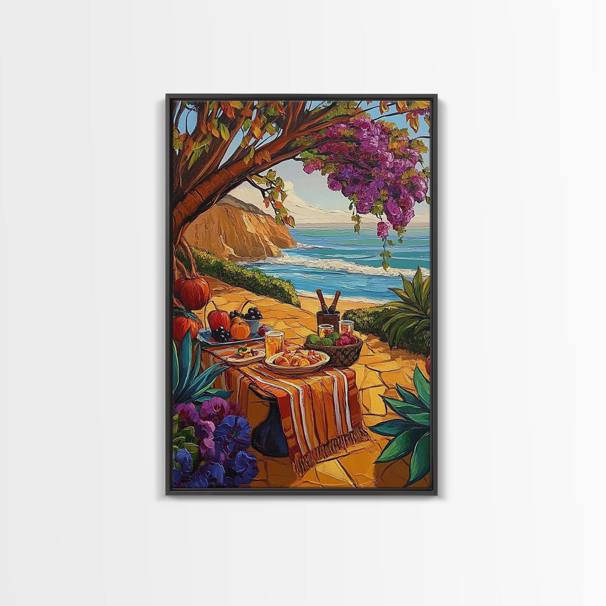 Picnic Beach, Fall Ocean, Framed Canvas Print cozy coastal picnic painting, fall harvest beachside art, Dining Room Wall Art, rustic art