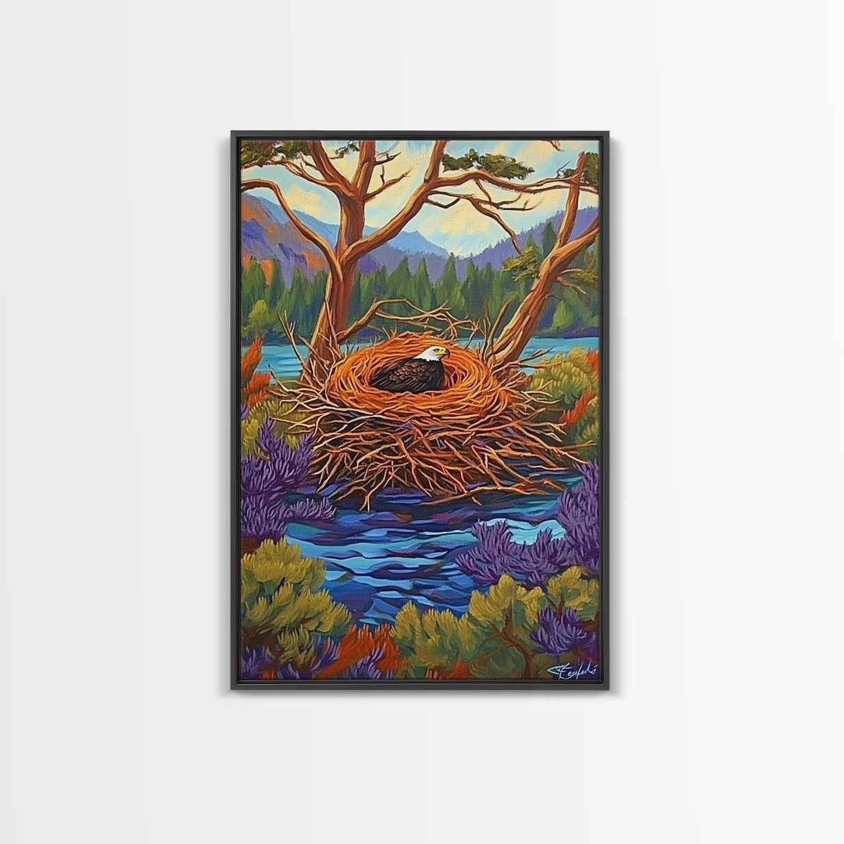 Eagle Nest, Forest, Lake, Canvas Print, rustic wildlife art, bald eagle decor, nature lodge wall art, cozy cabin Living Room theme