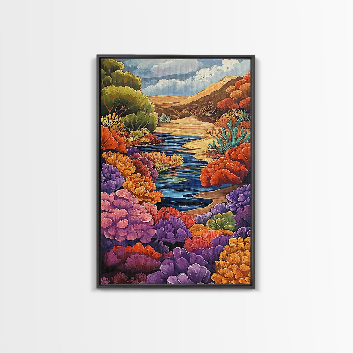 River, Desert, Floral, Art, Canvas Print, Colorful floral river scene with desert hills, perfect bedroom or hallway Southwestern wall art