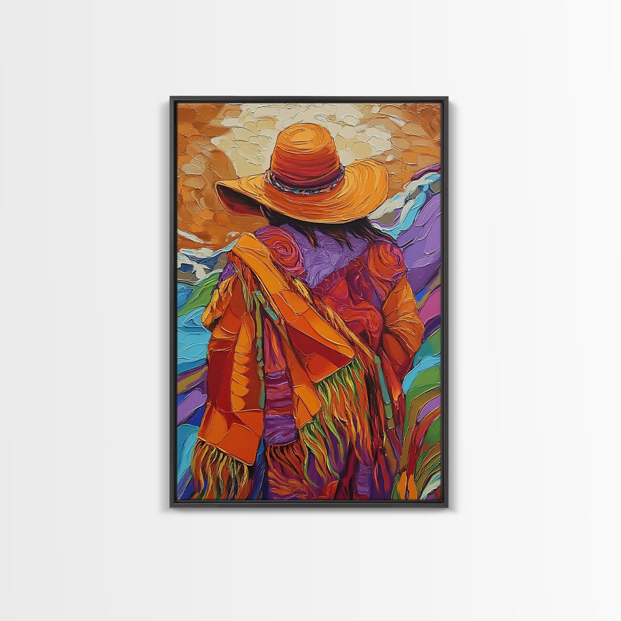 Woman, Hat, Mountains, Blanket, Canvas Print, Southwest-inspired woman with hat and blanket, rustic fall-themed living room wall decor