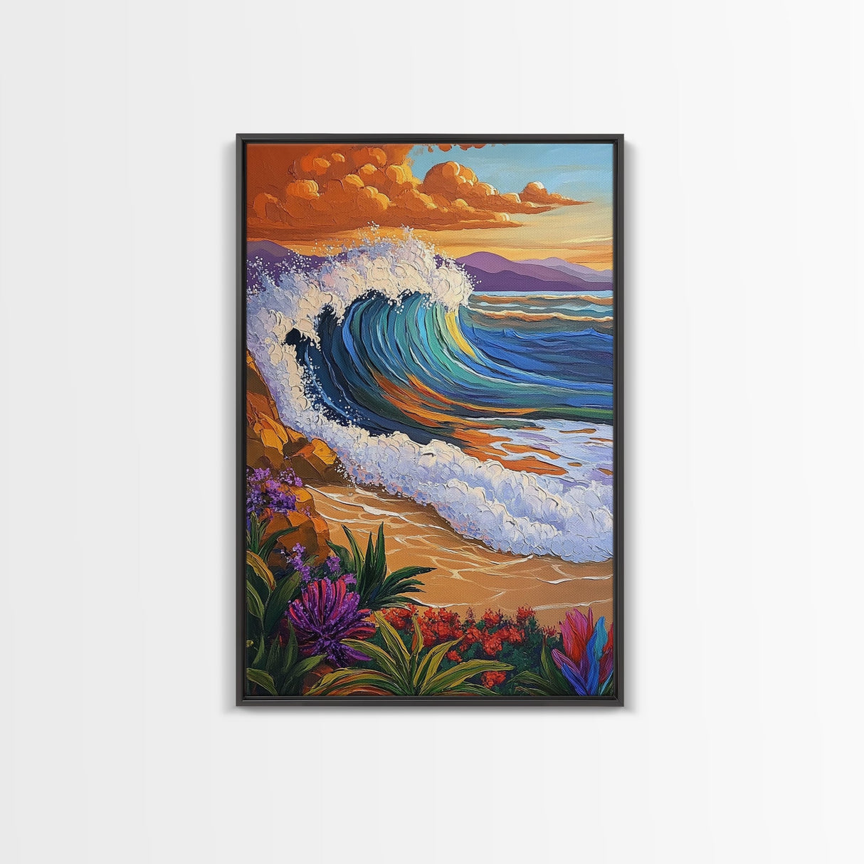 Wave Sunset, Ocean, Flowers, Canvas Print, Crashing sunset wave with tropical flowers, coastal bathroom and surf-themed wall decor