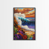 Wave Bold, Ocean, Sunset, Framed Canvas Print, Sunset surf wave crashing on rocks with bold colors, perfect beach house wall art