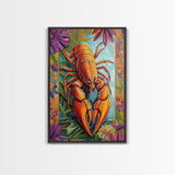 Lobster Coastal, Nautical, Kitchen, Framed Canvas Print, Bold orange lobster art with tropical florals, great coastal kitchen wall art