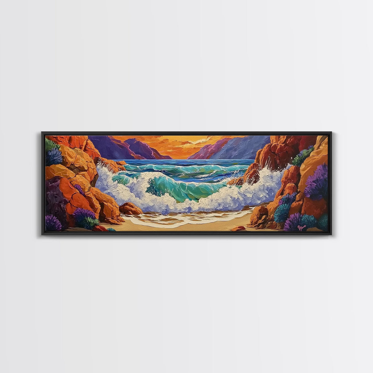 Ocean Wave, Rocky Coast, Vibrant Sunset, Nature Seascape, Framed Canvas Print, Coastal Wall Art, Beach Bathroom Decor, Colorful Seascape Art