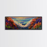 Sunset Waves, Floral Reef, Coastal Water, Colorful Nature, Framed Canvas Print, Bathroom Wall Art, Beach Vibes, Bright Seascape Art