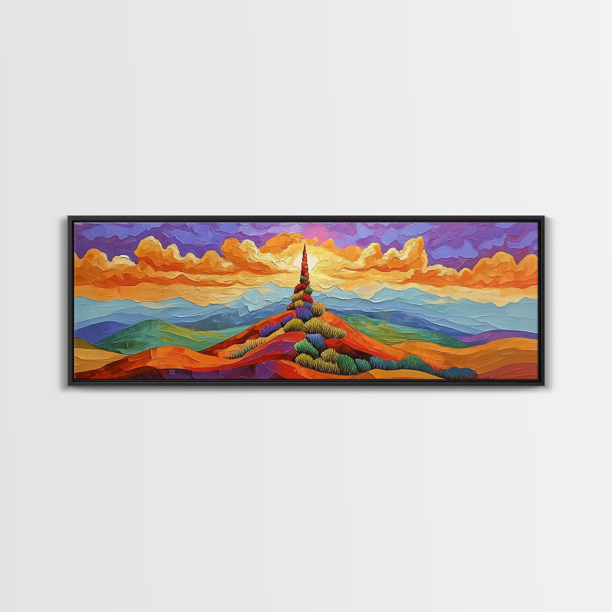 Colorful Mountain Sunrise, Bold Landscape Painting, Southwest Decor, Living Room Wall Art, Modern Boho Style Framed Canvas Print, Bedroom art